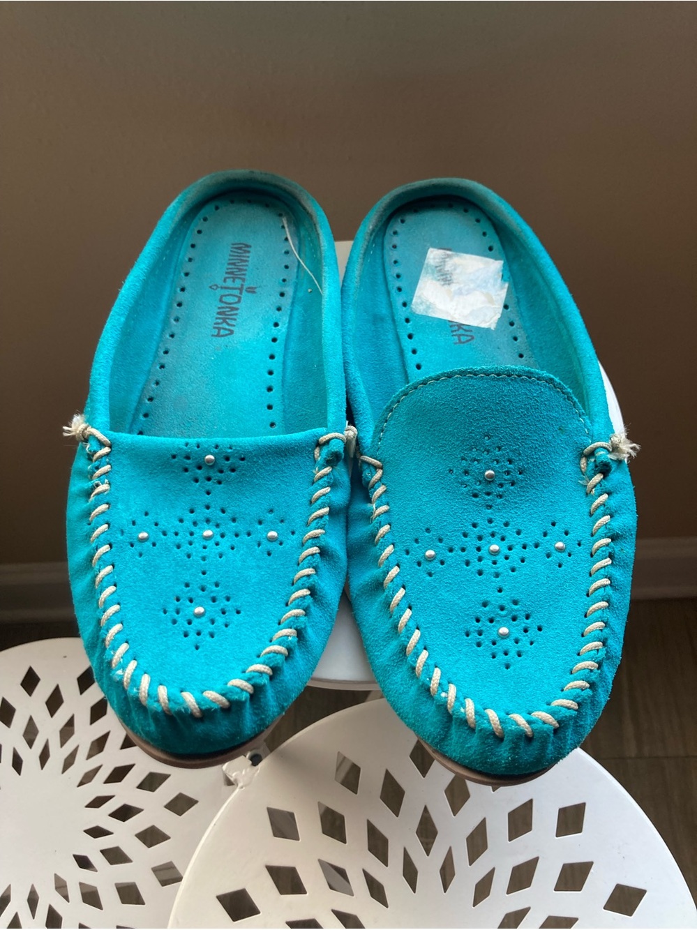 Minnetonka Turquoise Suede Moccasins with Contrast Stitch